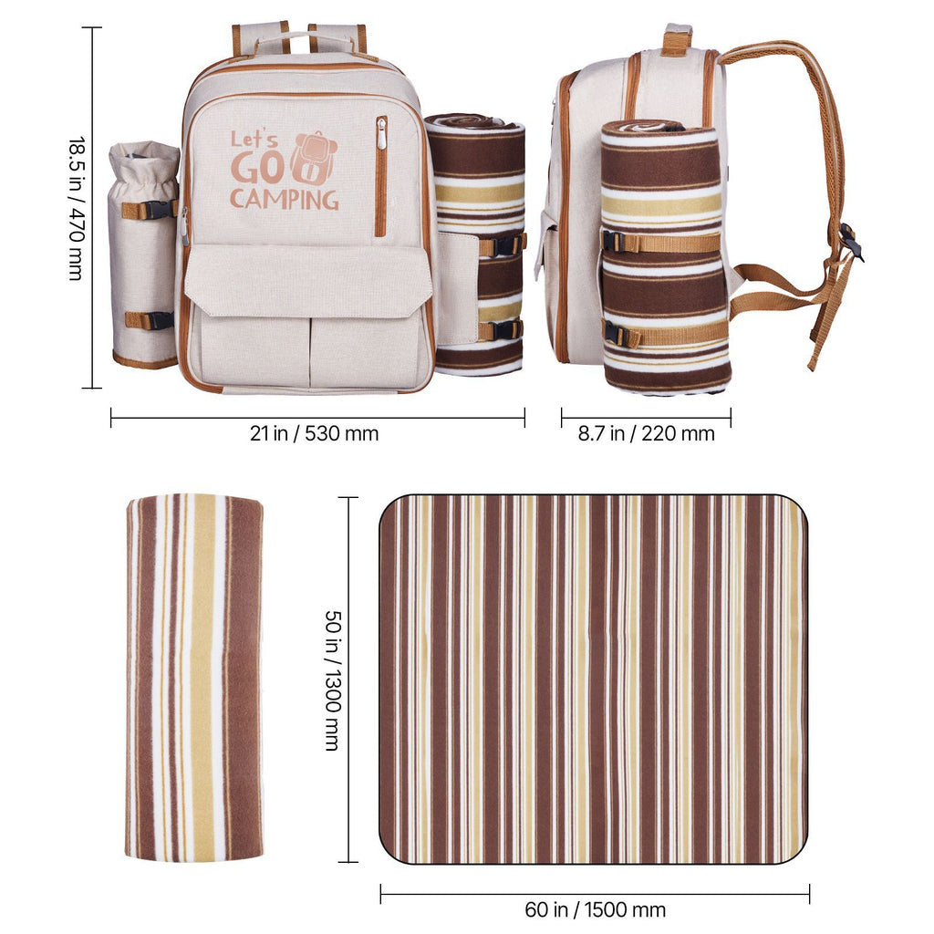 Picnic Backpack, Beach Picnic Backpack Bag for 4 Person with Insulated Cooler Compartment, Detachable Bottle/Wine Holder, Lightweight Blanket, Plates & Cutlery Set for Outdoor, Hiking, Camping