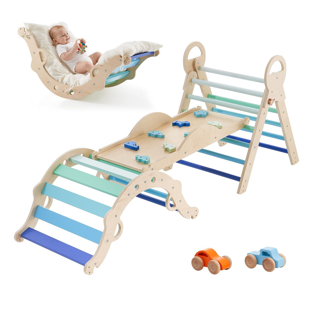 Pikler Triangle Set, 9-in-1 Toddler Climbing Toys Indoor, with 2 Wooden Cars, Cushion, Triangle, Arch, and Ramp, 150 lbs Load, Foldable Montessori Climbing Set for Toddlers and Kids, Blue
