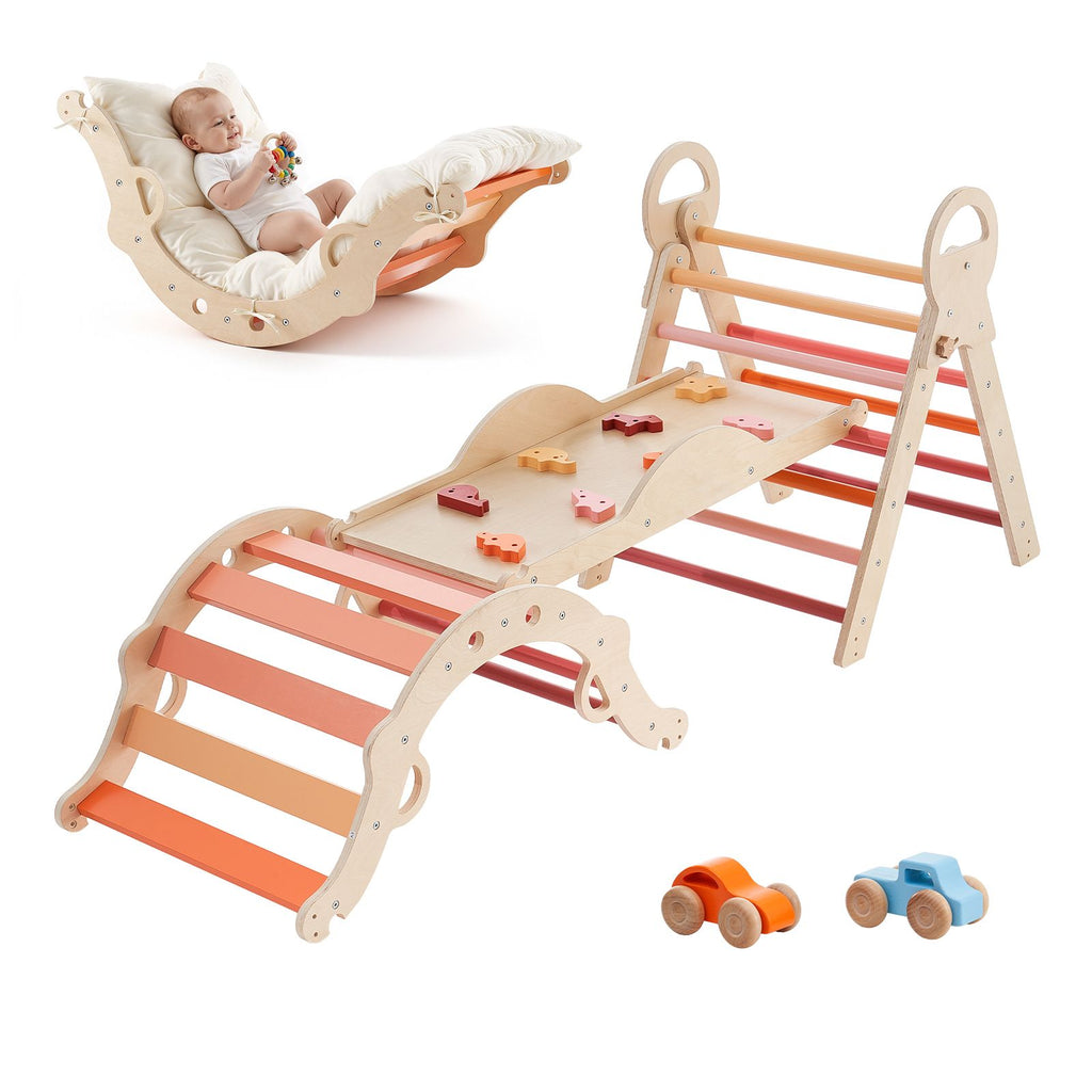 Pikler Triangle Set, 9-in-1 Toddler Climbing Toys Indoor, with 2 Wooden Cars, Cushion, Triangle, Arch, and Ramp, 150 lbs Load, Foldable Montessori Climbing Set for Toddlers and Kids, Orange