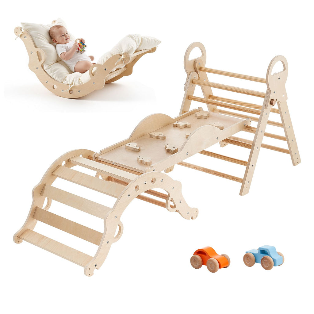 Pikler Triangle Set, 9-in-1 Toddler Climbing Toys Indoor, with 2 Wooden Cars, Cushion, Triangle, Arch, and Ramp, 150 lbs Load, Foldable Montessori Climbing Set for Toddlers and Kids, Wood Color