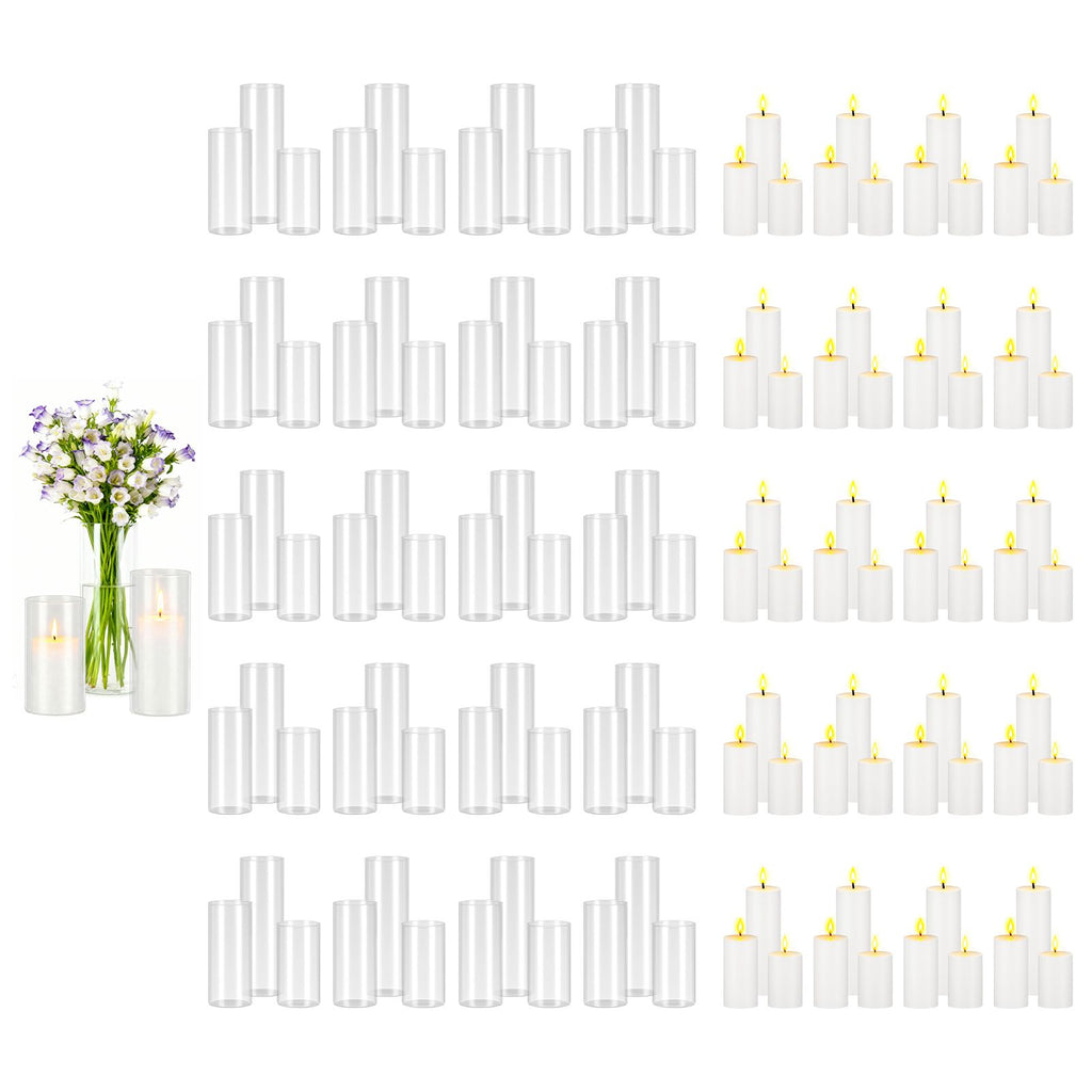 Pillar Candles and Glass Vases Set 120 Pcs, Clear Cylinder Hurricane Candle Holders for Wedding Centerpieces, Tall Vase for Table Decor, Wedding Party,Thanksgiving,White (2.56" x 4.7",5.9",7.9")