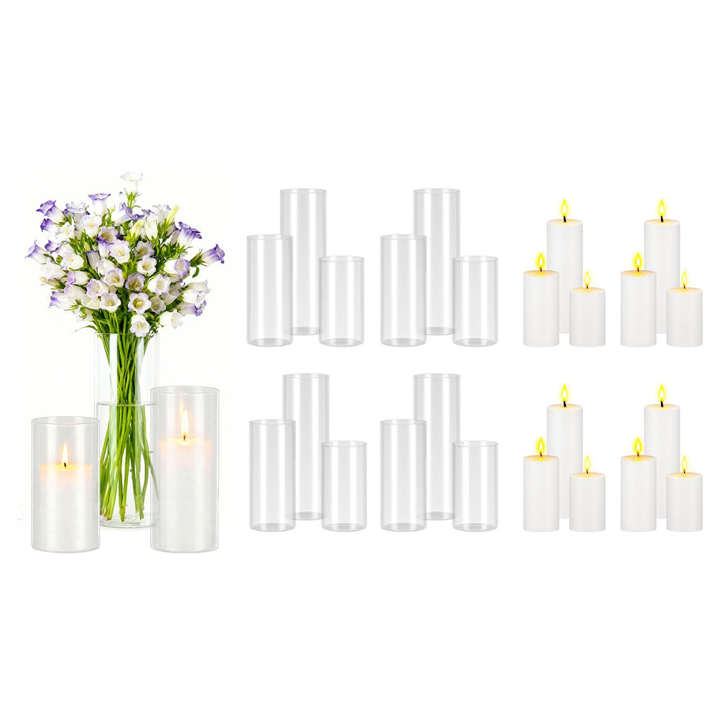 Pillar Candles and Glass Vases Set 24 Pcs, Clear Cylinder Hurricane Candle Holders for Wedding Centerpieces, Tall Vase for Table Decor, Wedding Party, Thanksgiving,White (2.56" x 4.7",5.9",7.9")