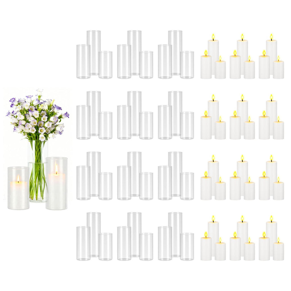 Pillar Candles and Glass Vases Set 72 Pcs, Clear Cylinder Hurricane Candle Holders for Wedding Centerpieces, Tall Vase for Table Decor, Wedding Party, Thanksgiving,White (2.56" x 4.7",5.9",7.9")