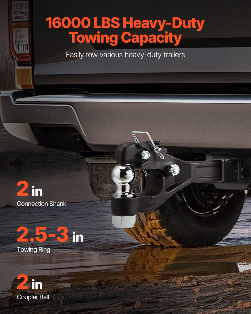 Pintle Hook, 16000 lbs Towing Capacity, Pintle Hook Hitch for 2-inch Hitch Hook Military Receiver, Combination 2-inch Hitch Ball, Fits 2.5 to 3-inch Lunette Ring, Black Powder Coat, for Trailers