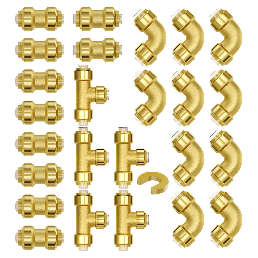 Pipe Fittings, 1/2" 25PCS (10xStraight, 10xElbows, 5xTees) Brass Pipe Fittings, Push-Fit Pipe Connector Brass Air Fittings, Plumbing Fittings Adapter for Heating/Shower Systems, Water Pipes