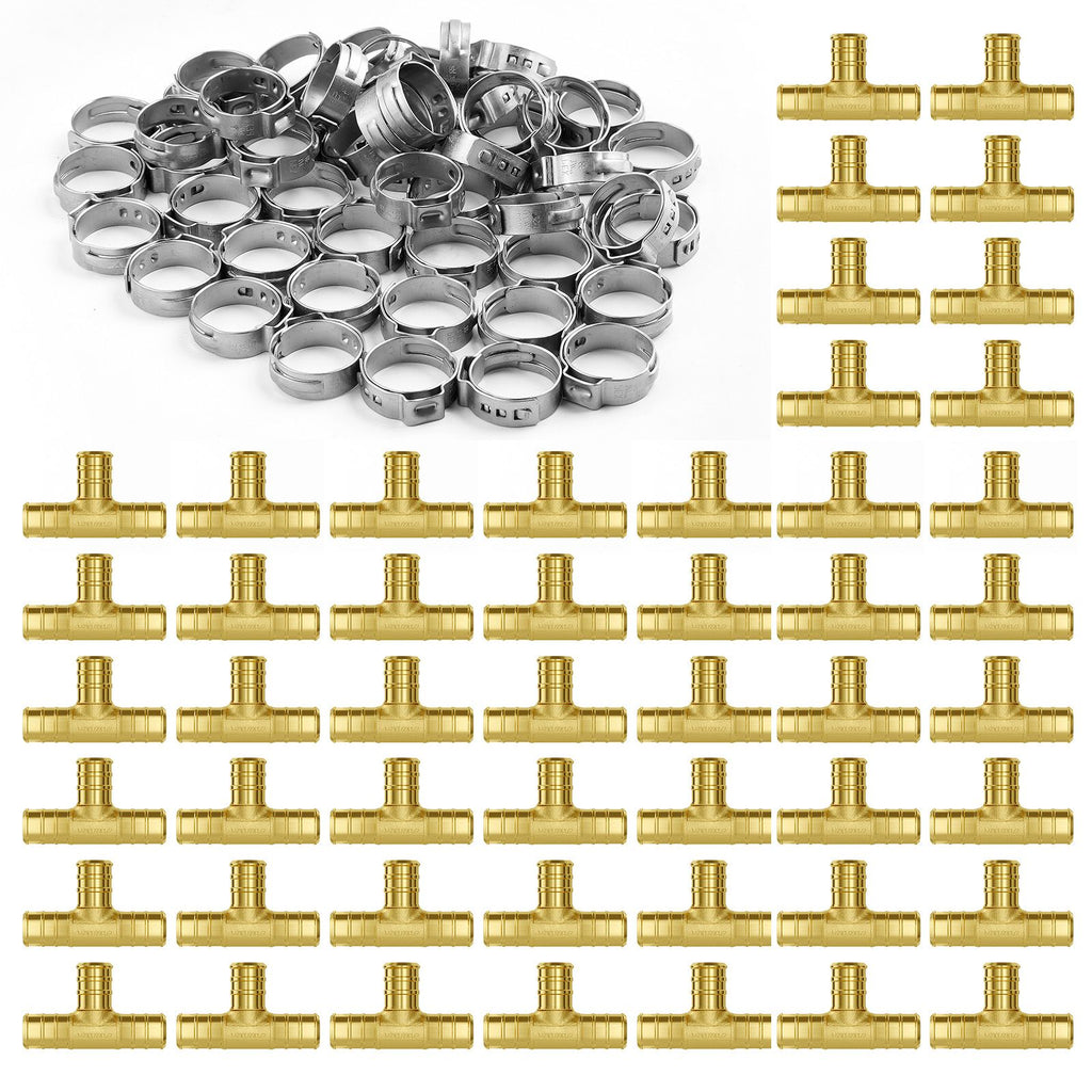 Pipe Fittings, 1/2" 50PCS Brass Pipe Fittings, Clamp-style Tee Pipe Connector Brass Air Fittings, Heavy Duty Plumbing Fittings Tube Adapter for Heating/Shower Systems,Outdoor Water Pipes