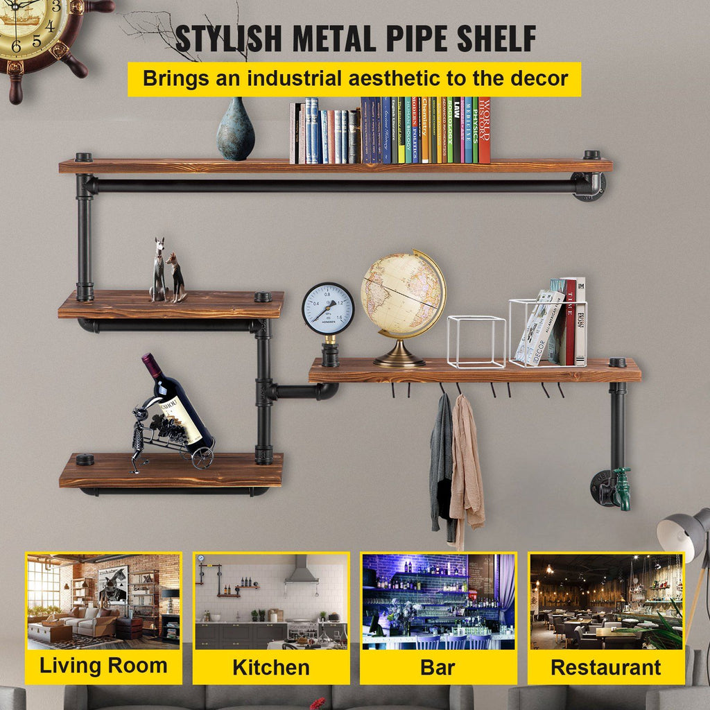 Pipe Shelving, Industrial Floating Shelves with 4-Tier Solid Wood Planks, Modern Rustic Floating Shelves Wall Mounted, DIY Storage Bracket for Bookshelf, Kitchen, Bathroom, Home Decor, Brown image 2