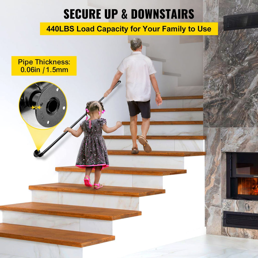 Pipe Stair Handrail, 4FT Staircase Handrail, 440LBS Load Capacity Carbon Steel Pipe Handrail, Industrial Pipe Handrail with Wall Mount Support, Round Corner Wall Handrailings for Indoor, Outdoor