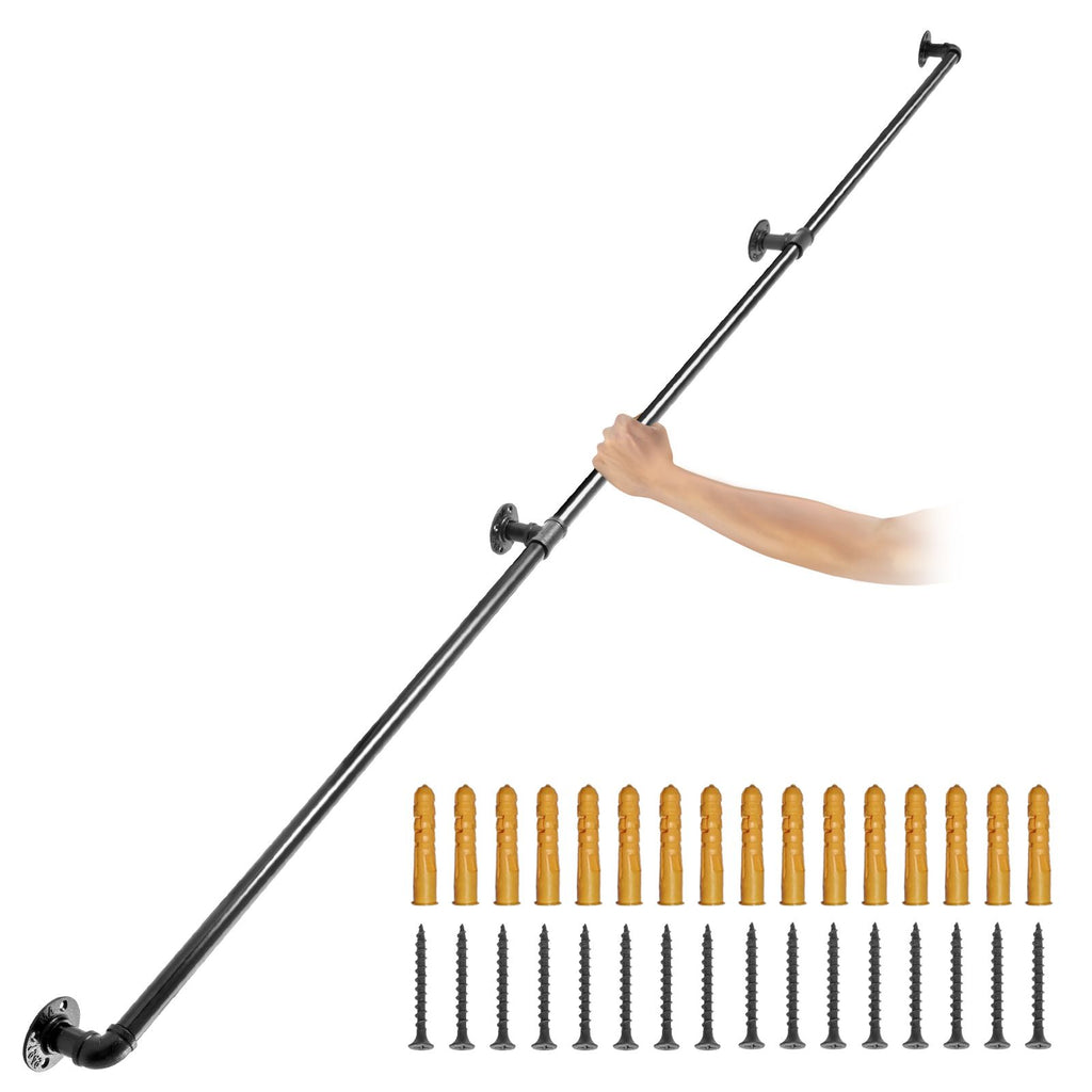 Pipe Stair Handrail, 8FT Staircase Handrail, 440LBS Load Capacity Carbon Steel Pipe Handrail, Industrial Pipe Handrail with Wall Mount Support, Round Corner Wall Handrailings for Indoor, Outdoor