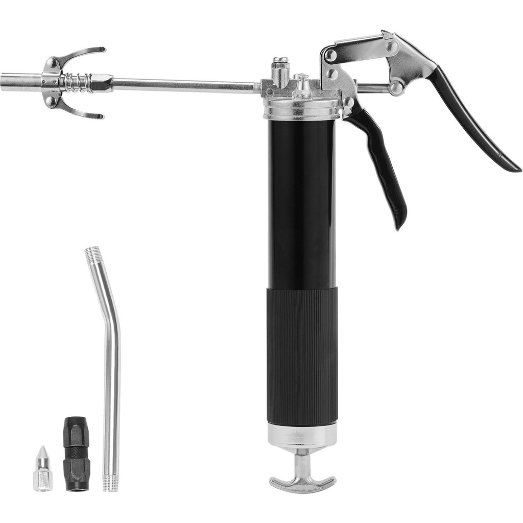 Pistol Grip Grease Gun, 6000 PSI, 14 OZ / 400 CC Capacity Heavy Duty Professional Grease Gun, with 17.72 Inch Flexible Hose 1 Black Flat Coupler, 1 Pointed Coupler, and 1 Bent Metal Pipe
