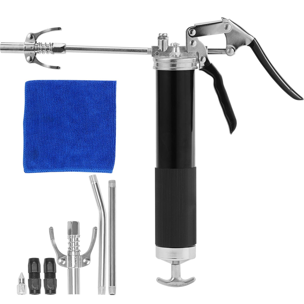 Pistol Grip Grease Gun, 6000 PSI, 14 OZ / 400 CC Capacity Heavy Duty Professional Grease Gun, with 19.69 Inch Flexible Hose 2 Black Flat Couplers, 1 Pointed Coupler, and 2 Rigid Metal Pipe