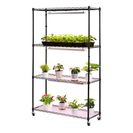 Plant Shelf with Grow Light, 4-Tier Indoor Plant Stand, 59in Tall Plants Display Rack with Wheels, 90W 3-Color Full Spectrum Grow Lights, Heavy Duty Metal Flower Pot Holder for Seed Starting