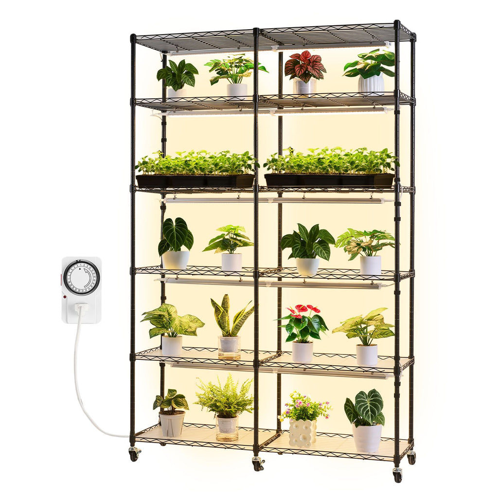 Plant Shelf with Grow Light, 6-Tier Double-Row Plant Stand, 71in Tall Indoor Plants Display Rack with Wheels & Timer, 200W Full Spectrum Grow Lights, Metal Flower Pot Holder for Seed Starting