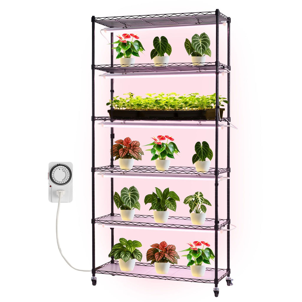 Plant Shelf with Grow Light, 6-Tier Indoor Plant Stand, 71in Tall Indoor Plants Display Rack with Wheels & Timer, 150W 3800K Full Spectrum Grow Lights, Metal Flower Pot Holder for Seed Starting