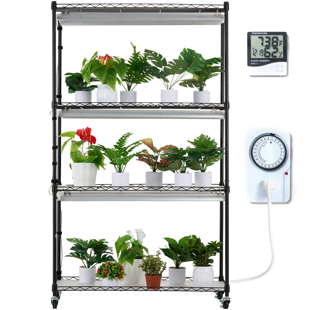 Plant Stand with Grow Light, Grow Light Shelf with Cover and Thermometer, 4 Tiers 180W Plant Shelf with Grow Light, Full Spectrum Light Mini Greenhouse Plant Stand with Timer for Seed Starting