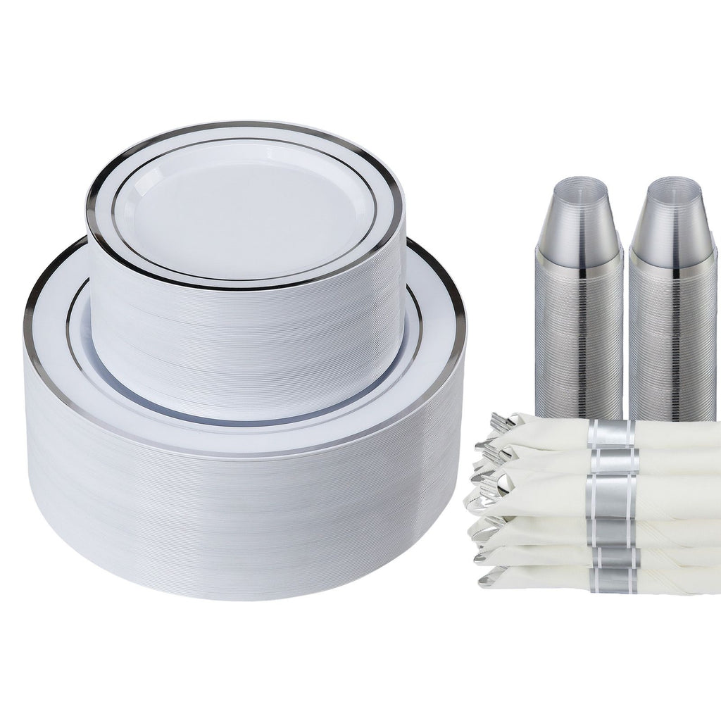 Plastic Disposable Plates, 350 Pcs Plastic Dinnerware Set, Include 50 Dinner Plates, 50 Dessert Plates, 50 Pre-Rolled Napkins, 50 Forks, 50 Knives, 50 Spoons, and 50 Cups, for Party and Wedding
