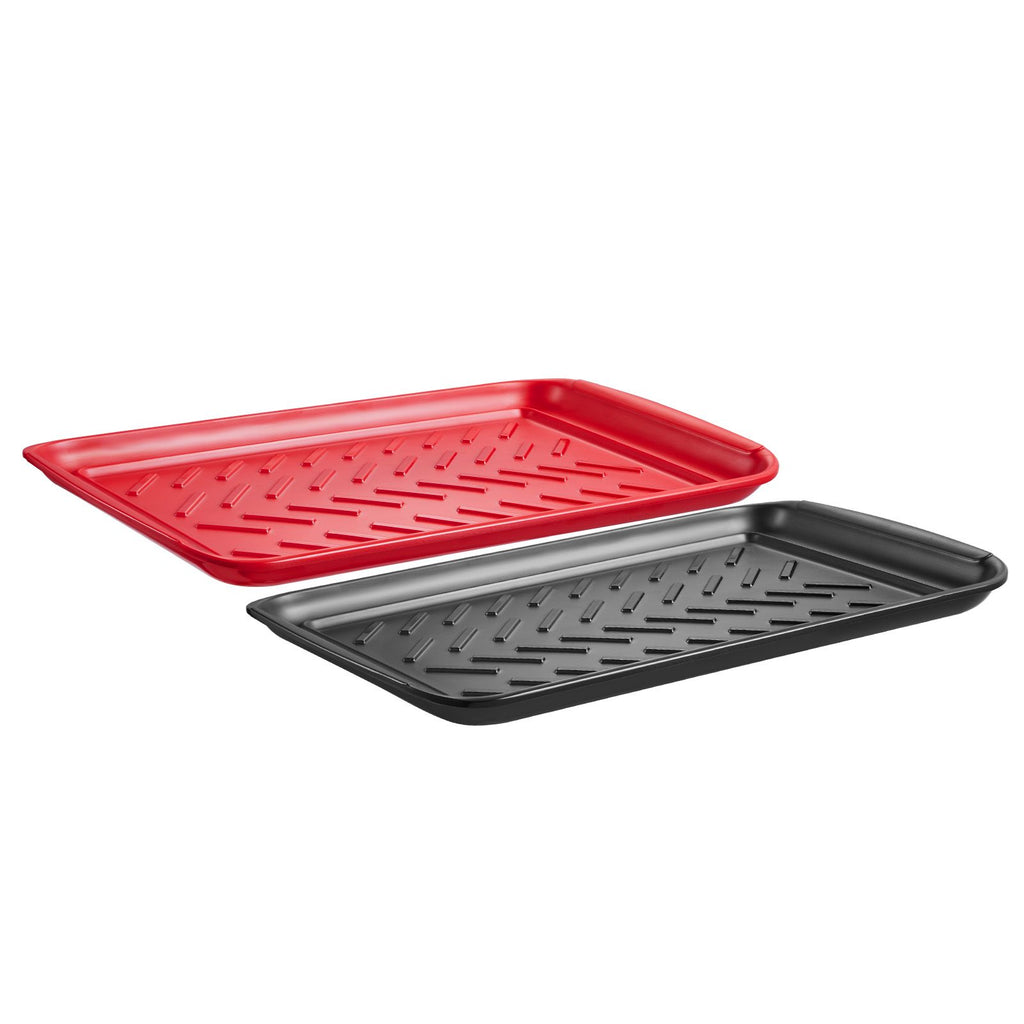 Plastic Serving Trays, 2-Pack Grilling Prep and Serve Trays with Handles , 17x10.35 Inch Anti-Slip Melamine Food Tray, Ideal for BBQ, Kitchen, Cafeteria, Ottoman, Coffee Table, Black and Red