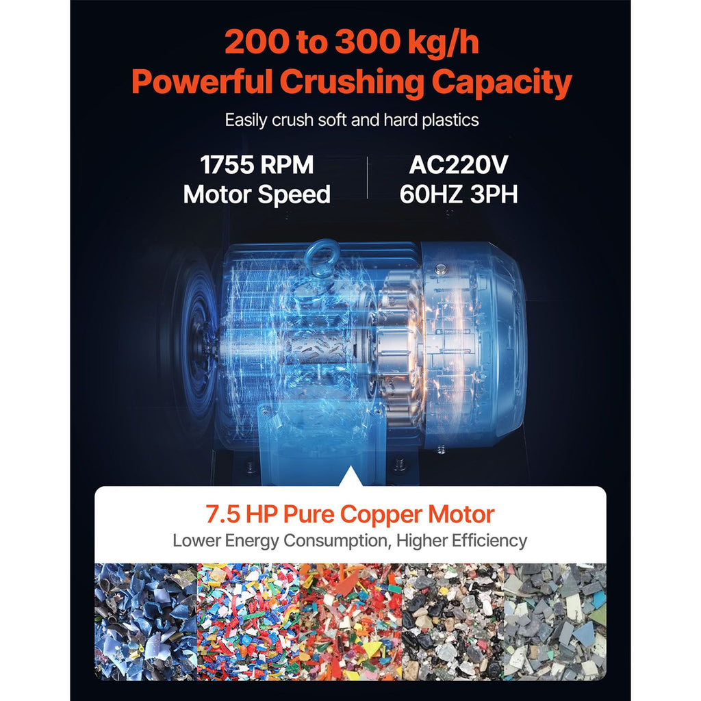 Plastic Shredder Crusher, 7.5HP/5.5KW Plastic Bottle Grinder Granulator, 200-300kg/h Capacity Pulverizer Recycling Machine with Wheels, SDK-11 Blade & 8mm Mesh for PVC PTFE (220V 60Hz 3-Phase) image 2