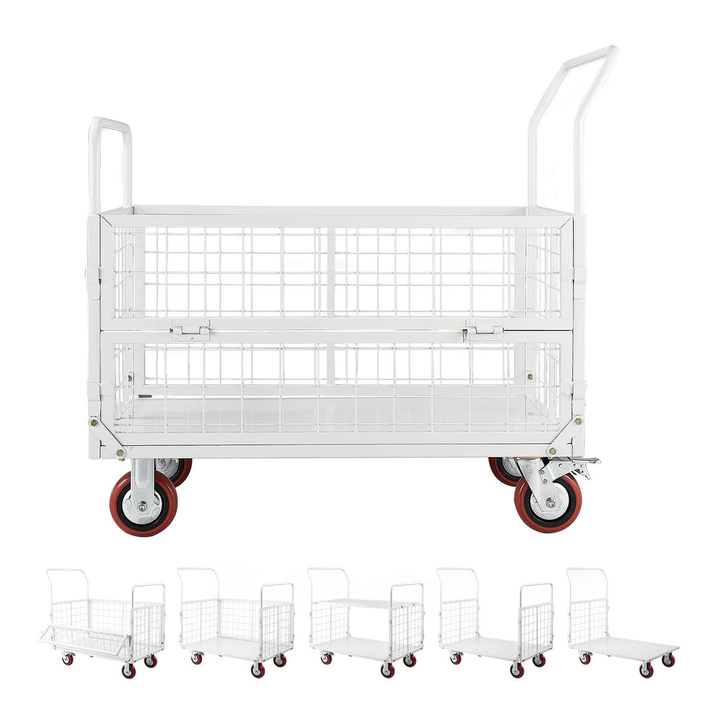 Platform Truck Cart with Cage, 2000 lbs Capacity, 6-in-1 Foldable Flatbed Cart with Swivel Wheels, Heavy Duty Hand Truck, Multi-Functional Push Dolly, for Grocery Laundry, 44.5 x 26.6 x 42.1 in