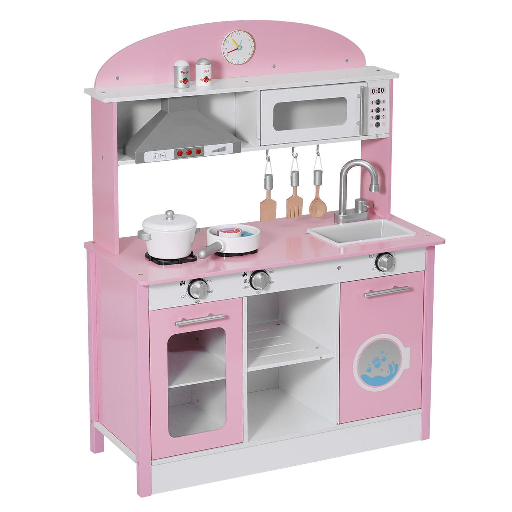Play Kitchen for Kids, Wooden, Kids Kitchen Playset with Real Lights & Sounds, Food & Cookware Accessories, Pretend Play Toy Set, Range Hood, Microwave, for Toddlers, Girls & Boys Ages 3-8, Pink