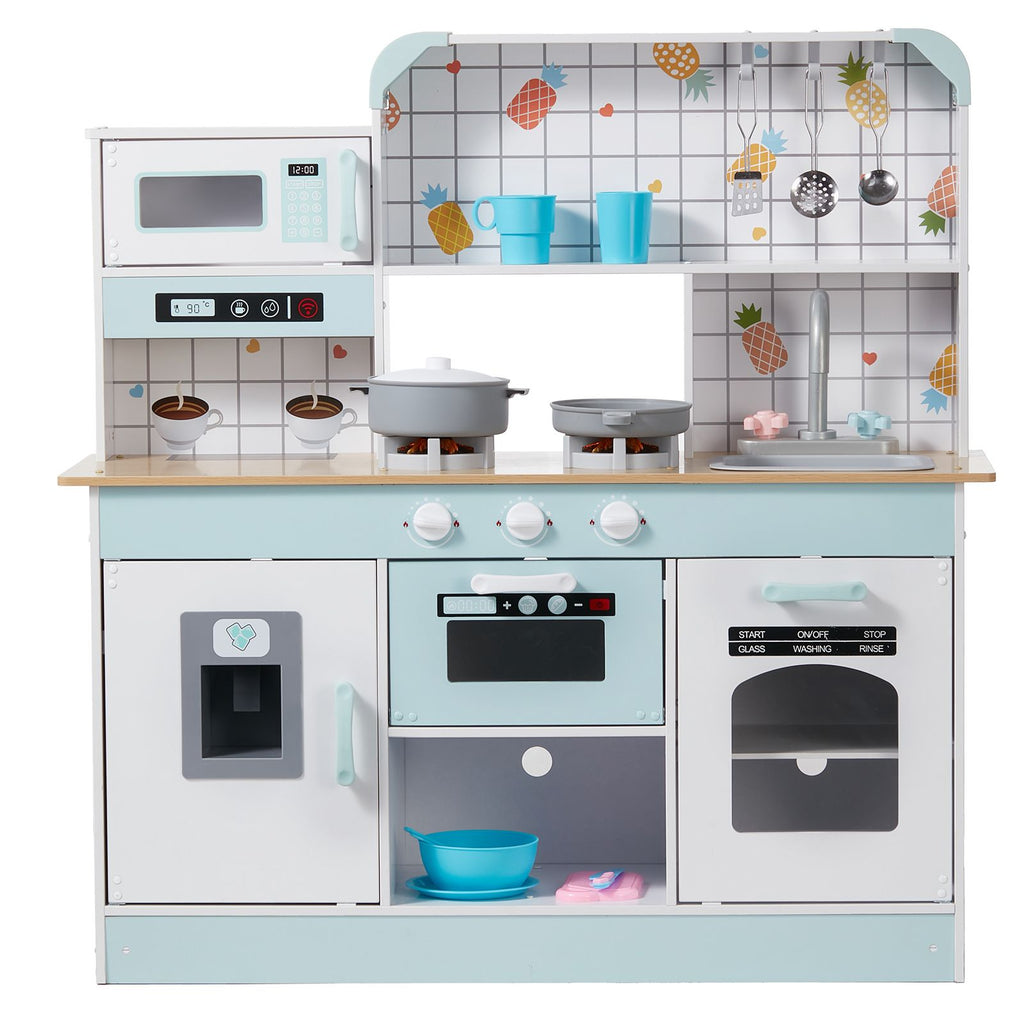 Play Kitchen for Kids, Wooden Toy Kitchen Set with Lights and Sounds, Toddler Kitchen with Ice Maker, Oven, Sink, Microwaves, Fridge and Utensil and Fruit Accessory for Toddlers ages 3-8, White