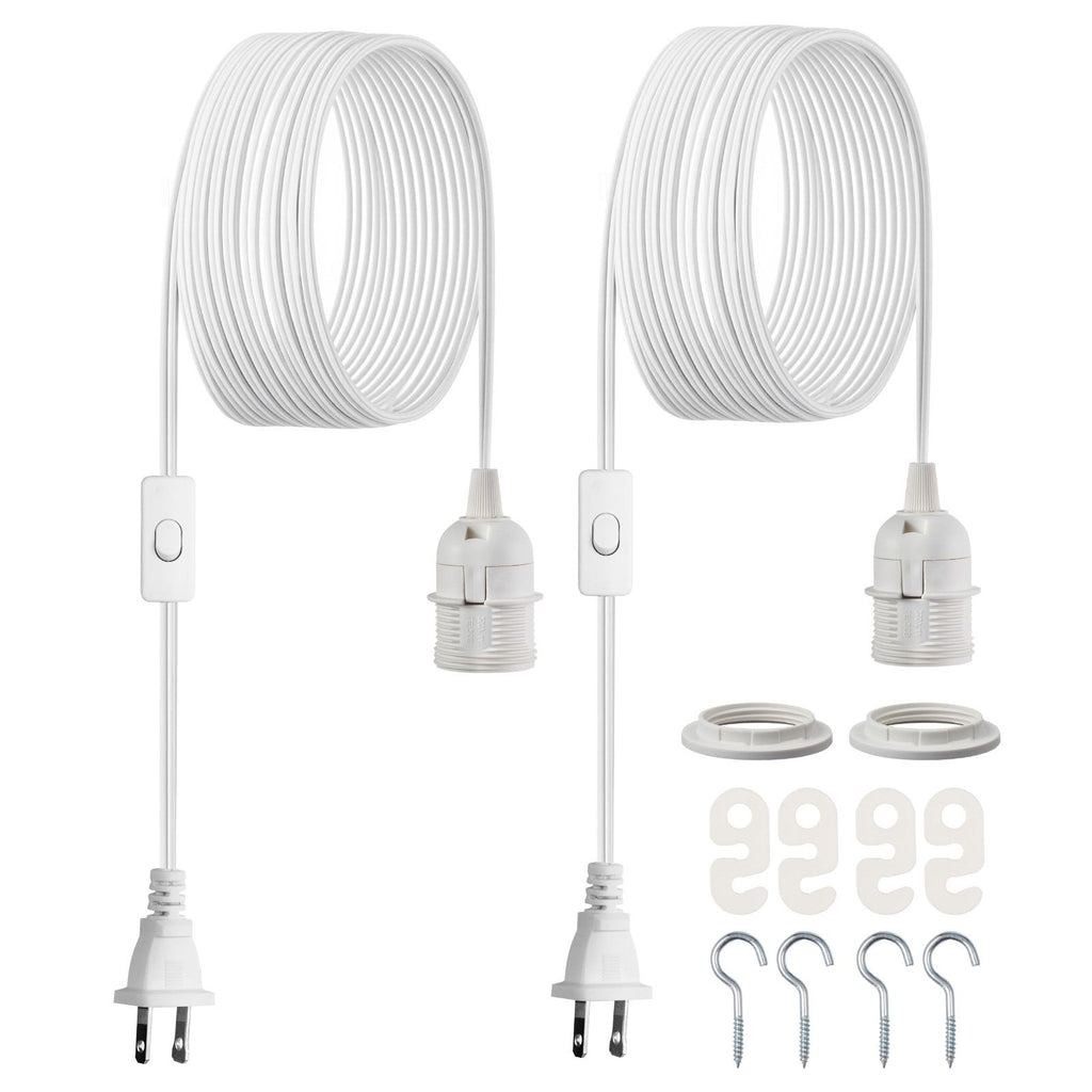 Plug in Hanging Light Cord Kit, 16ft Lantern Extension Cords, 2 Pack E26 Light Socket Lamp Cord Replacement, Secure & Sturdy, Easy to Install, Pendant Lamp Kit On/Off Switch & Socket Rings