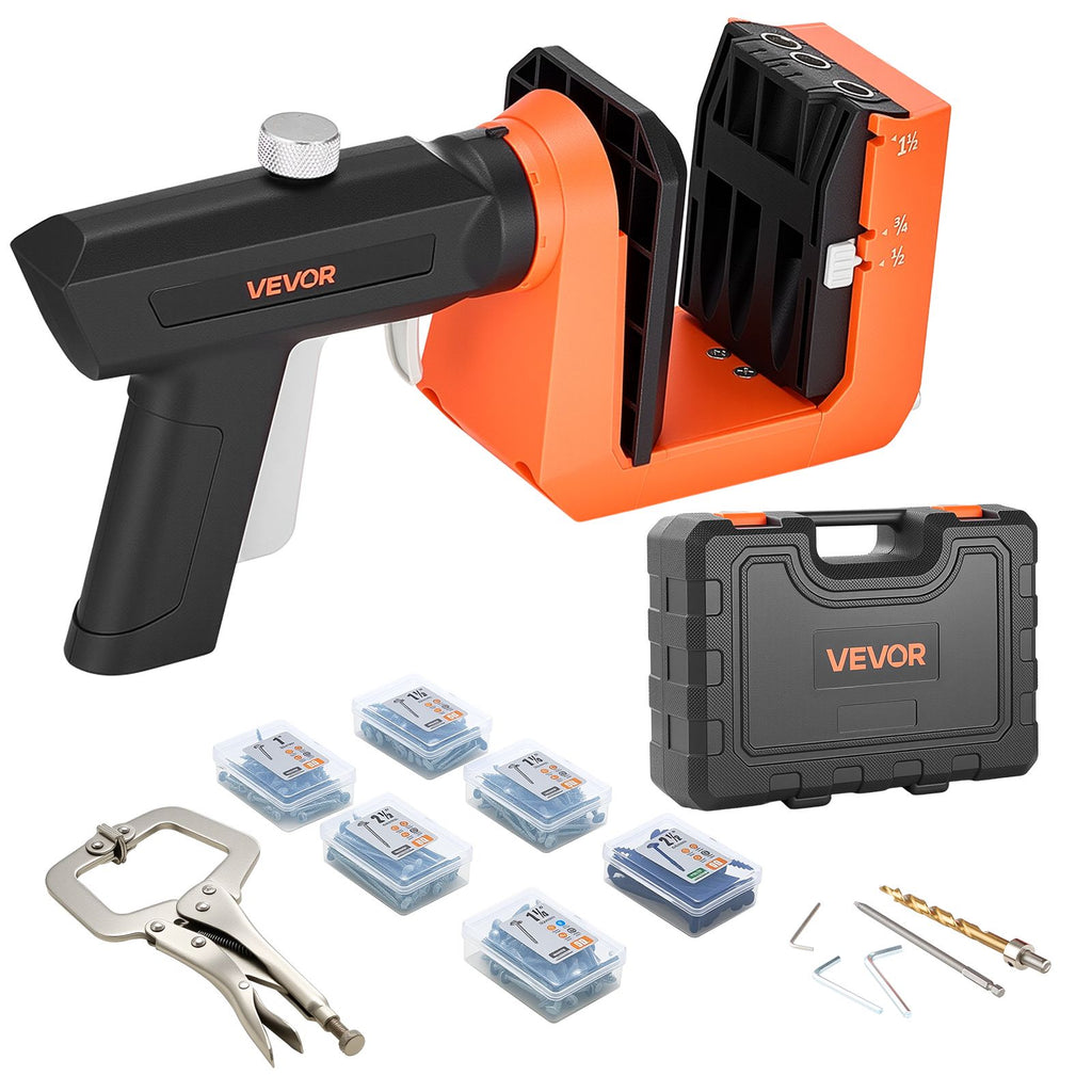 Pocket Hole Jig Kit, 1/2", 3/4", 1-1/2" Adjustable, 360° Rotating Handle, Jig Pocket Hole System with 260 Screws, C-Clamp, Stop Collar, Drill Bit, Easy Clamping and Adjusting, for Woodworking