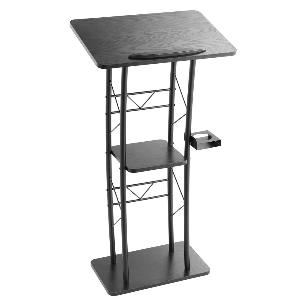 Podium Stand, 47-Inch Metal Lectern, Curved Standing Podium with Wide Reading Surface, Open Storage Compartment, Book Stopper, Cup Holder, for Classroom, Wedding, Conference, Speech, and Concert
