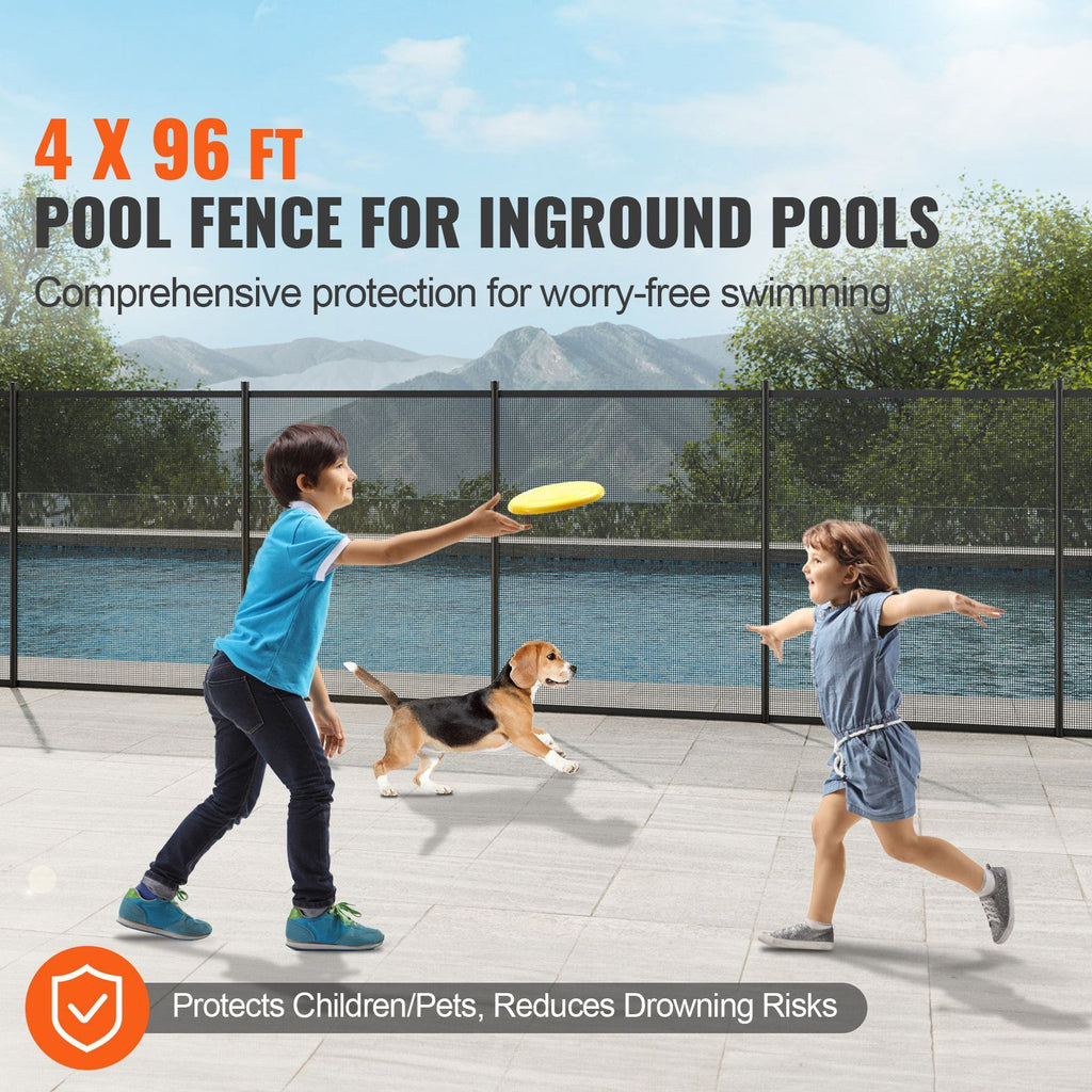 Pool Fence, 4 x 96 FT Pool Fences for Inground Pools, Removable Child Safety Pool Fencing, Easy DIY Installation Swimming Pool Fence, 340gms Teslin PVC Pool Fence Mesh Protects Kids and Pets
