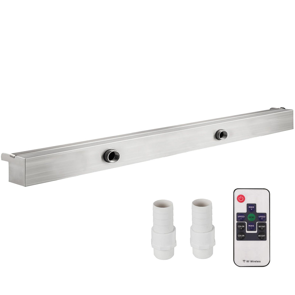 Pool Fountain Stainless Steel Pool Waterfall 35.4\" x 4.5\" x 3.1\"(W x D x H) with LED Strip Light Waterfall Spillway with Pipe Connector Rectangular Garden Outdoor