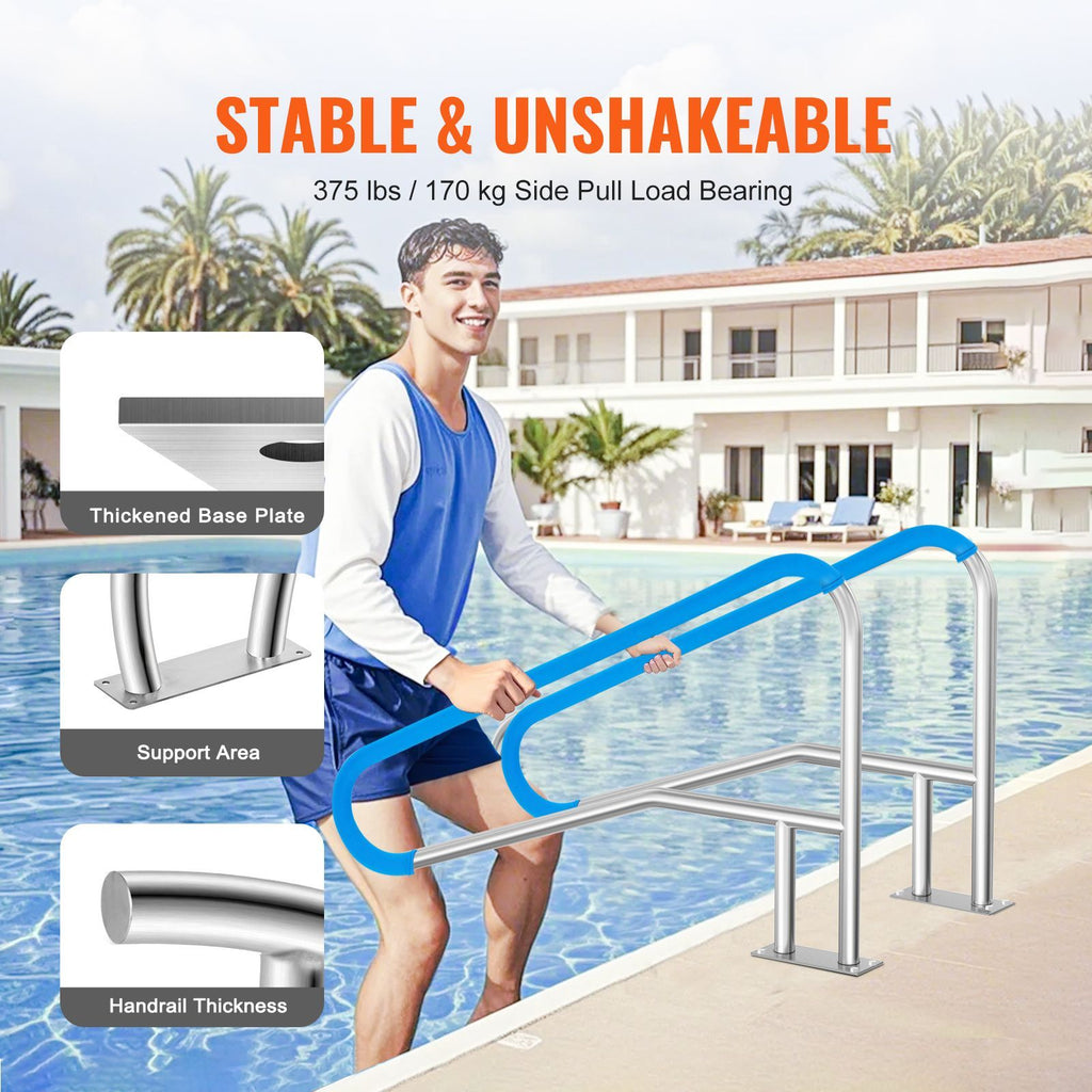 Pool Handrail, 55 x 32 inch Pool Railing, Stainless Steel with Base Plate for Indoor/Outdoor Pools,Swimming Pool Safety Railing for Decks,Rust-Proof Grab Bar w/ Grip Cover&Accessories for Spas