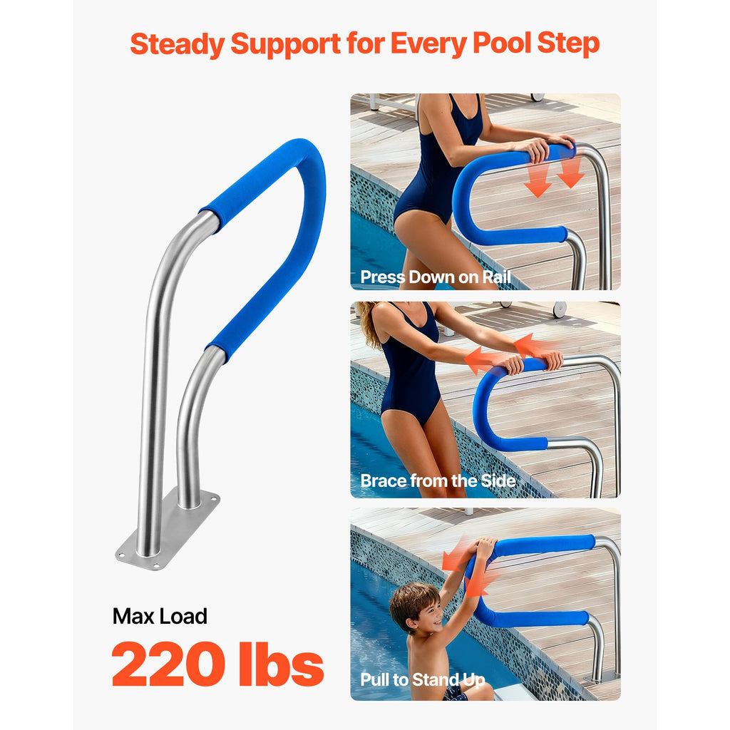 Pool Rail, 31 x 22 inch Pool Handrail, 220 lbs Load Capacity Heavy Duty 304 Stainless Steel Swimming Handrail, Detachable Nonslip Sleeve, Rich Accessories image 2