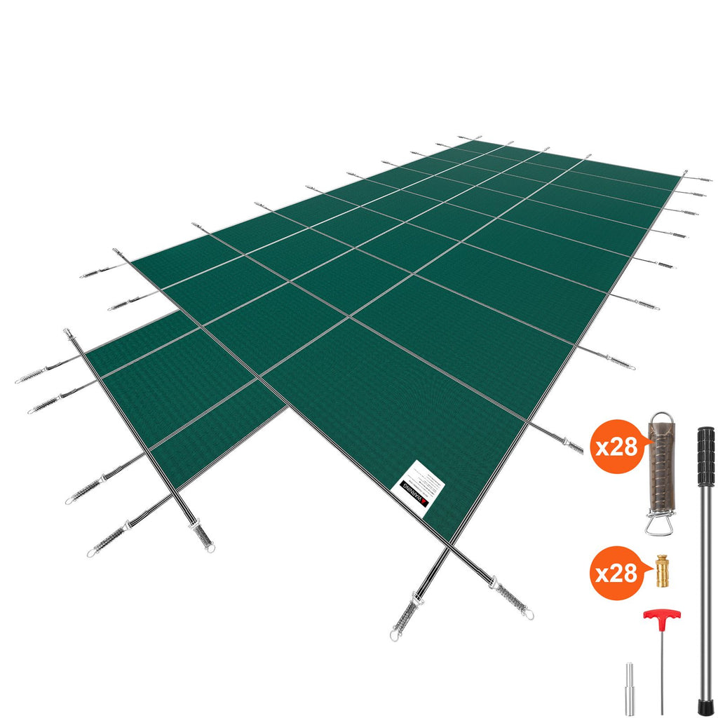 Pool Safety Cover Fits 16x32ft Rectangle Inground Safety Pool Cover Green Mesh with 4x8ft Center End Steps Solid Pool Safety Cover for Swimming Pool Winter Safety Cover