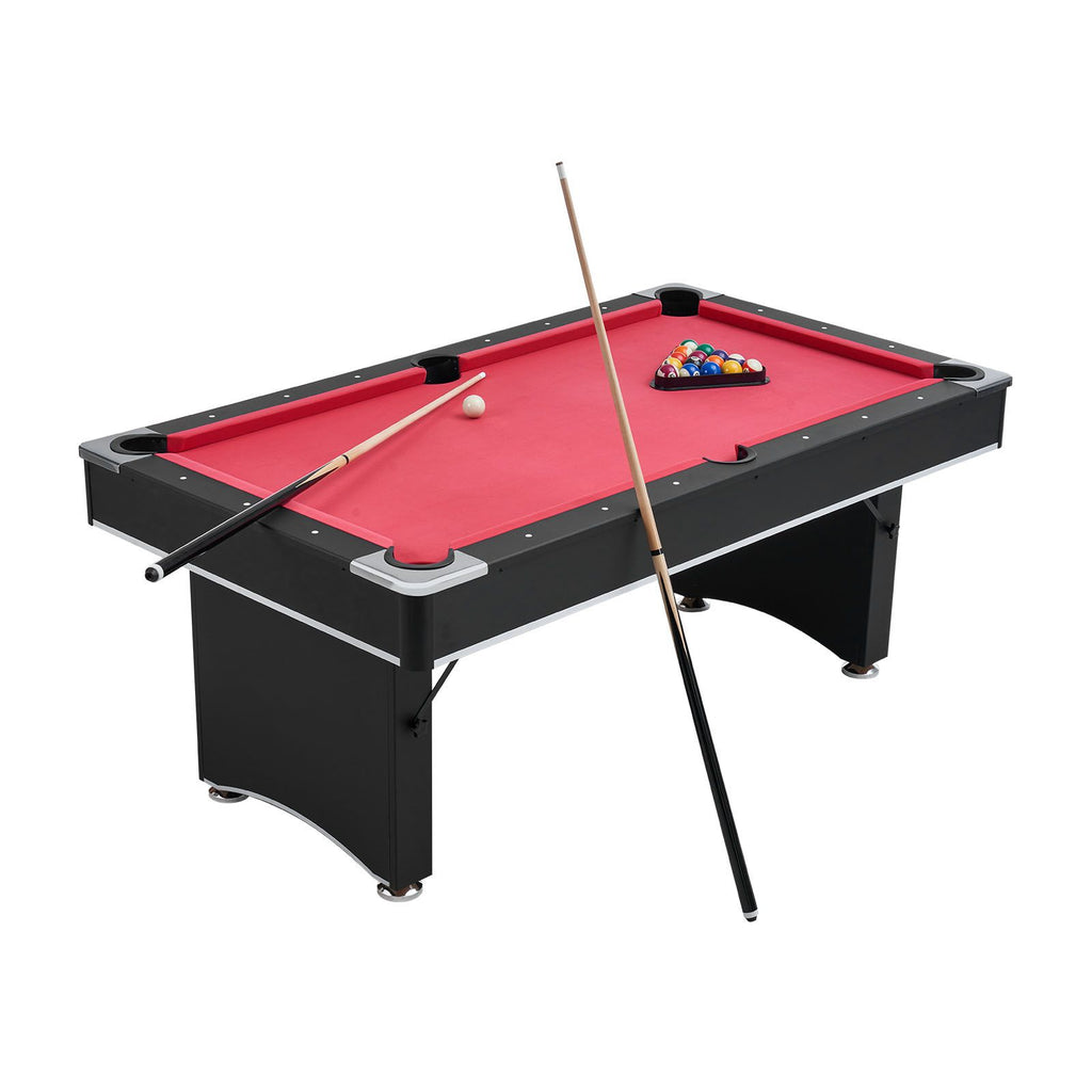 Pool Table, 6 ft Portable Billiards Tables, Adjustable Feet Stable Game Table, Entertainment Set Includes Ball, Cue, Rack, Chalk and Brush, Black with Red Cloth, for Family Use, Recreation Room