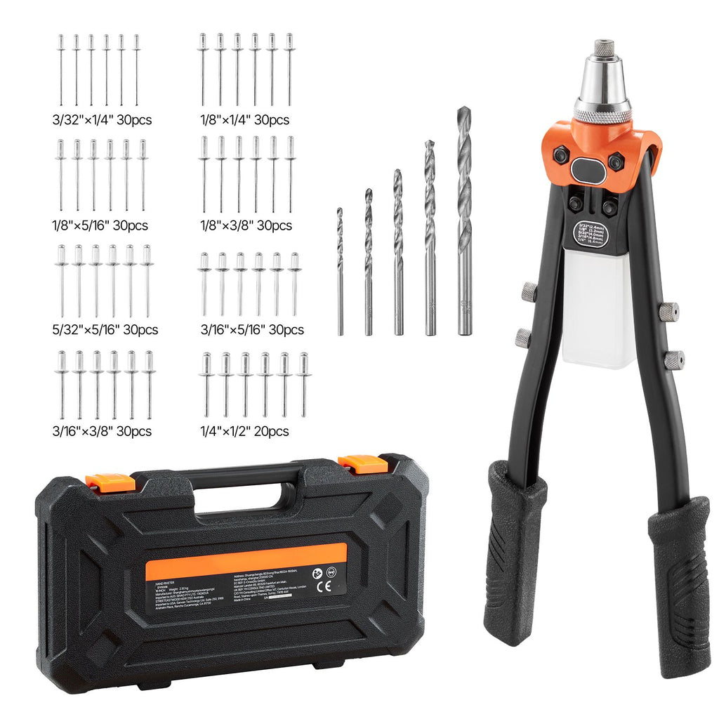 Pop Rivet Gun Kit, with 230 Blind Rivets, Two-Handed Riveter with 5 Interchangeable Nosepieces, 5 Drill Bits, and a Carrying Case, Manual Riveting Tool for Metal, Automotive, Home, and DIY