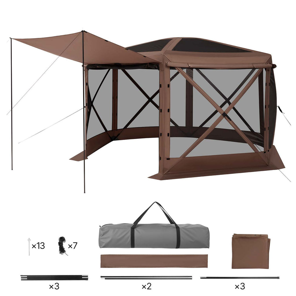 Pop up Gazebo Screen Tent, 12 x 12 ft Large 6-Sided Camping Canopy Tent with Removable Top & Carry Bag, Quick-Set & Bite-Proof, Screen House Sun Shelter for 8-10 Persons Backyard Patio, Brown