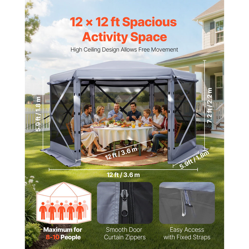 Pop up Gazebo Screen Tent, 12 x 12 ft Large 6-Sided Camping Canopy Tent with Removable Top & Carry Bag, Quick-Set & Bite-Proof, Screen House Sun Shelter for 8-10 Persons Backyard Patio, Grey image 2