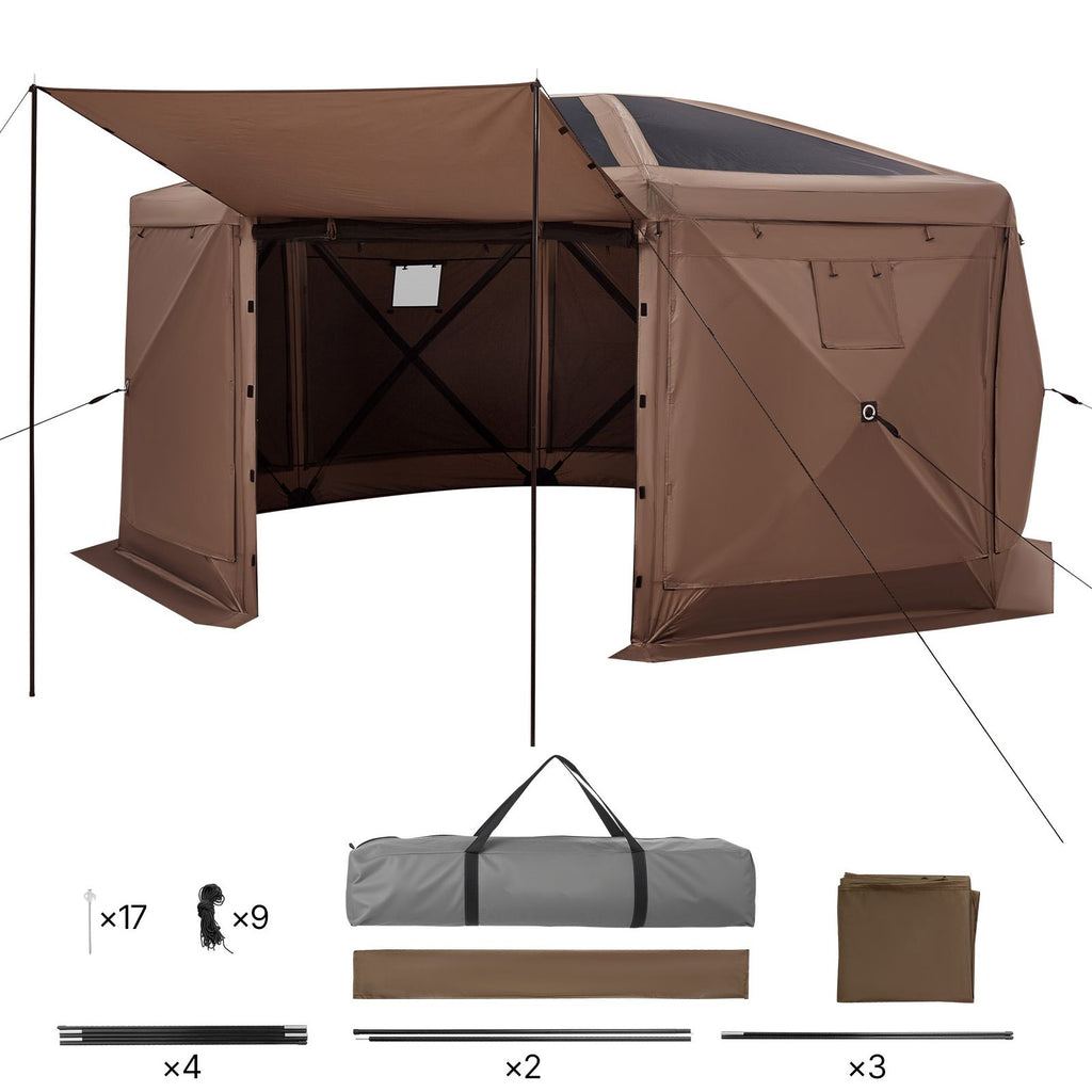 Pop up Gazebo Screen Tent, 15 x 15 ft Large 8-Sided Camping Canopy Tent with Removable Top & Carry Bag, Quick-Set & Bite-Proof, Screen House Sun Shelter for 12-15 Persons Backyard Patio, Brown