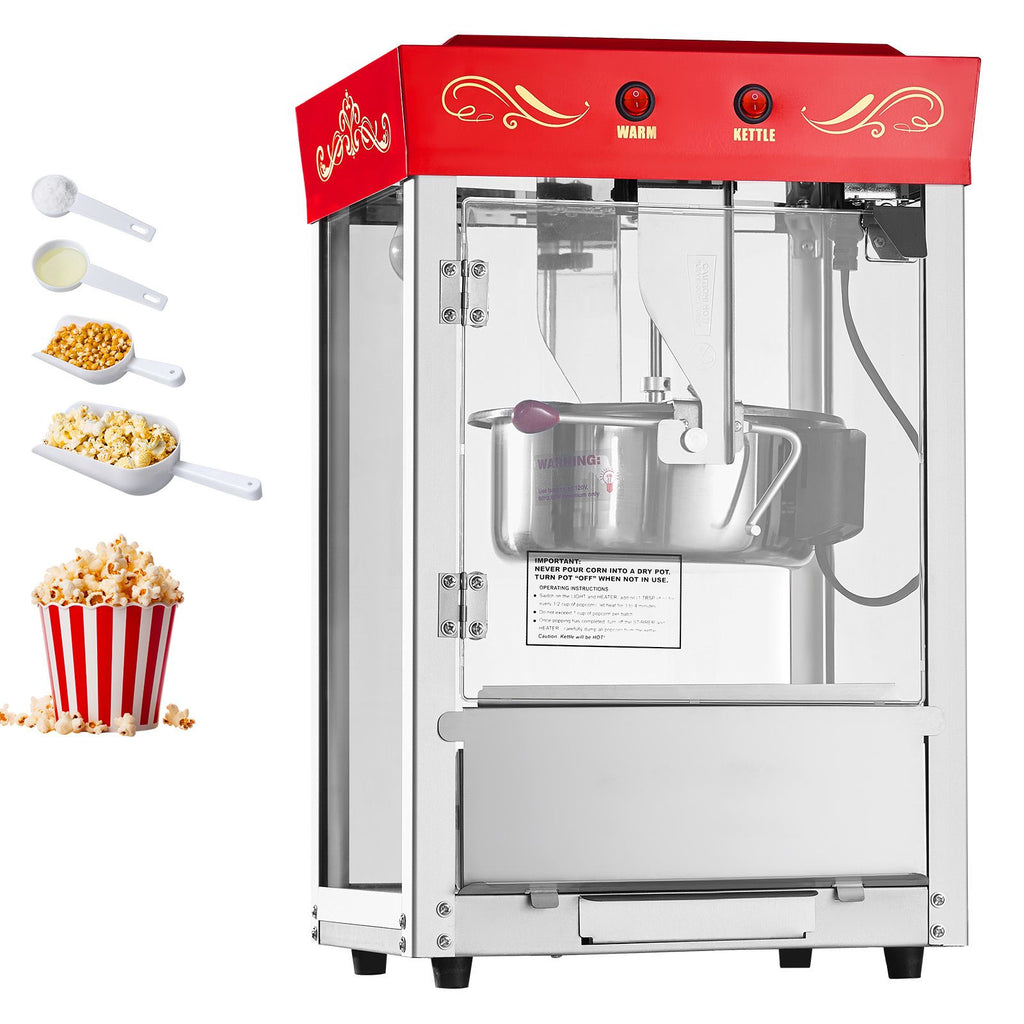 Popcorn Machine, 8oz Stainless Steel Kettle, 800W Commercial Countertop Popcorn Maker, 48 Cups per Batch Theater Style Popper, with 2-Button Control Glass Wall PC Door 1 Scoop 3 Spoons, Red