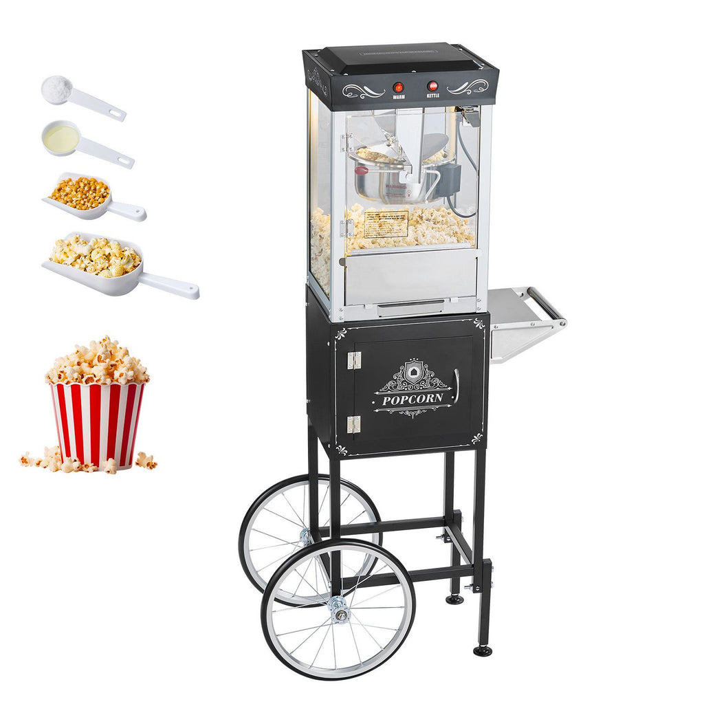 Popcorn Machine with Cart, 8oz Stainless Steel Kettle, 800W Commercial Popcorn Maker, 48 Cups per Batch Theater Style Popper, with 2-Button Control Glass Wall PC Door 1 Scoop 3 Spoons, Black