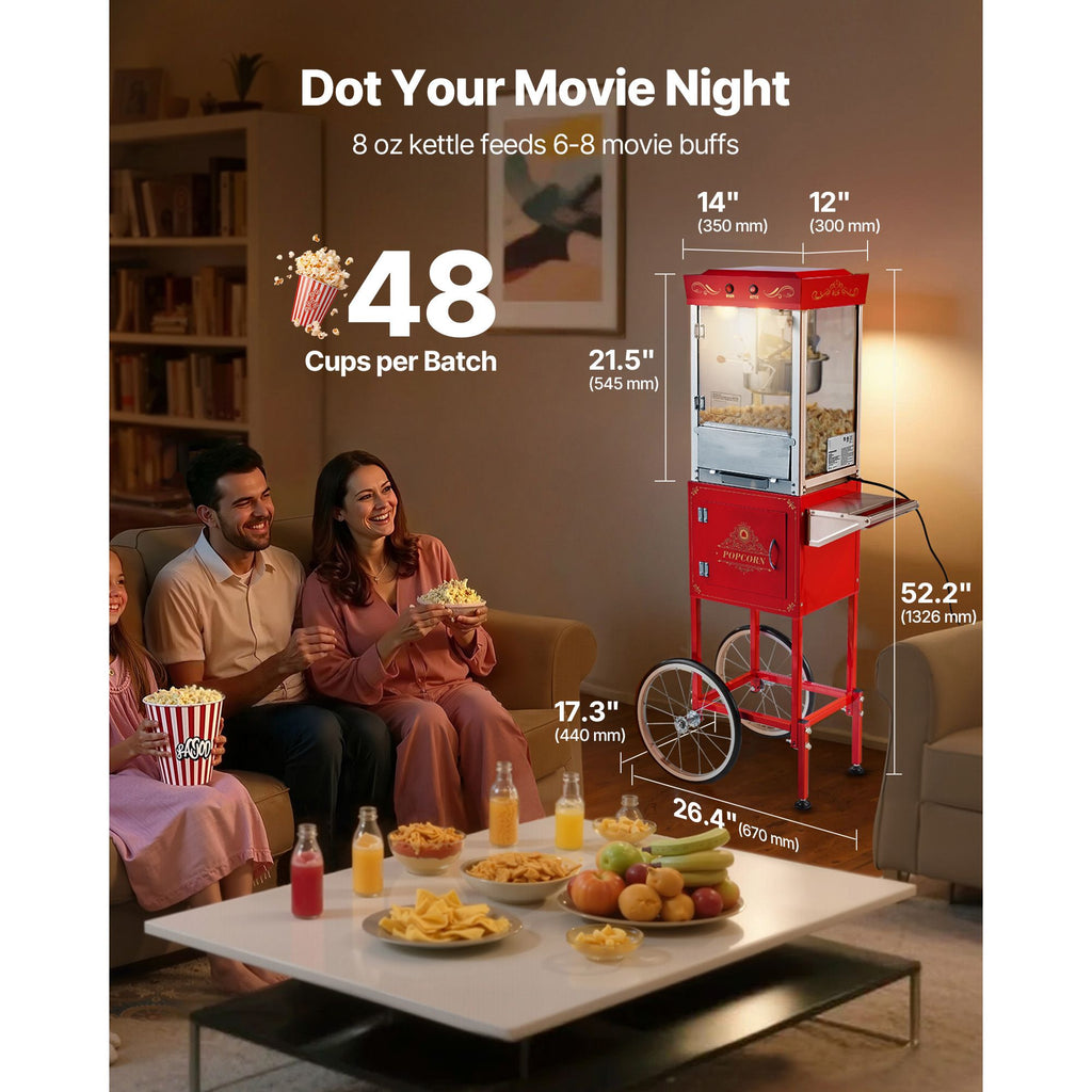 Popcorn Machine with Cart, 8oz Stainless Steel Kettle, 800W Commercial Popcorn Maker, 48 Cups per Batch Theater Style Popper, with 2-Button Control Glass Wall PC Door 1 Scoop 3 Spoons, Red
