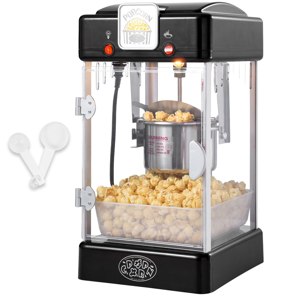 Popcorn Maker, 300W Popcorn Popper Machine, 2.5 Oz Kettle Makes 4 QT per Batch, Tabletop Popcorn Maker with PP Door, Includes 2 Scoops and Tray, Movie Theater Style, Black