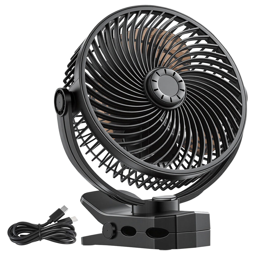 Portable Clip Fan, Rechargeable Clip On Fan, USB Port with 3 Speeds & Circulation Mode, Strong Airflow Sturdy Clamp, Long Runtime for Desk, Golf Cart, Outdoor Camping Treadmill, Office, Black