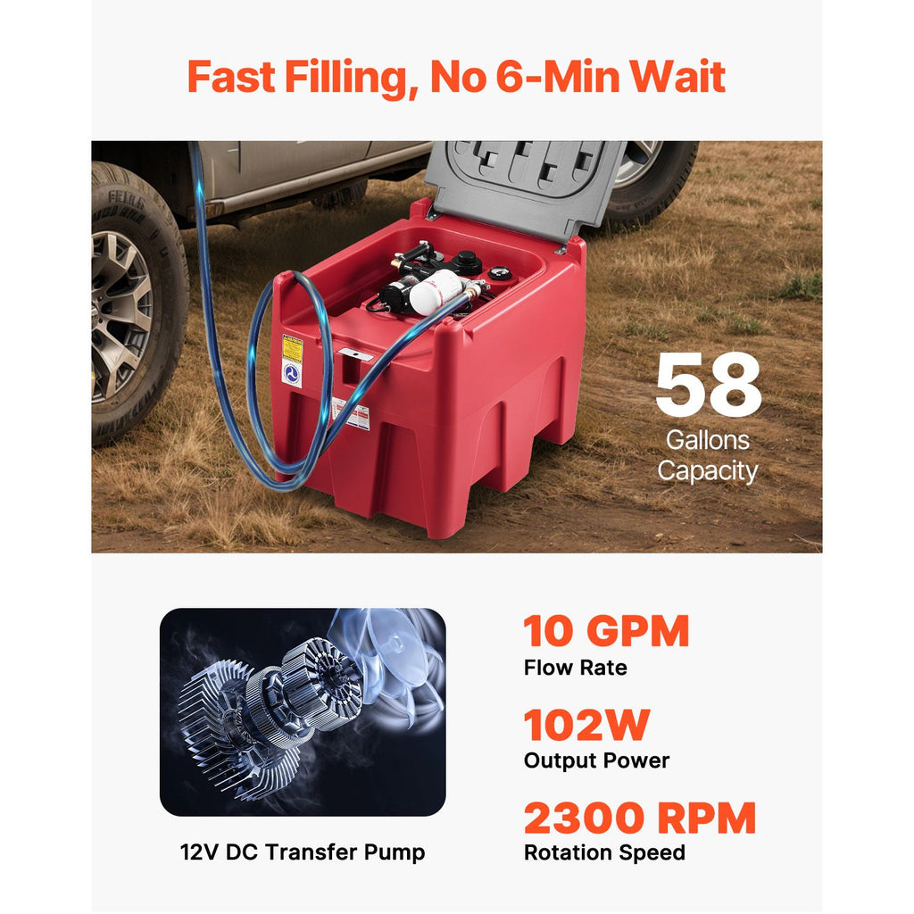 Portable Diesel & Gasoline Tank, 58 Gallon, 10 GPM Flow Rate, Diesel Fuel Tank with 12V Electric Transfer Pump, 13.1ft Hose, Auto Fueling Nozzle, Transfer Tank for Easy Fuel Transportation, Red