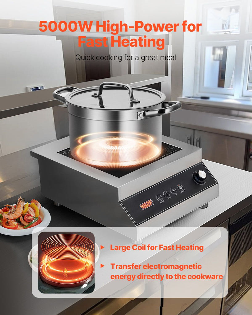 Portable Induction Cooktop, 5000W Commercial Induction Burner with 16 Temperature Settings, Stainless Steel Countertop Induction Hot Plate with 4H Timer, Child Lock, for Restaurant Cooking image 2