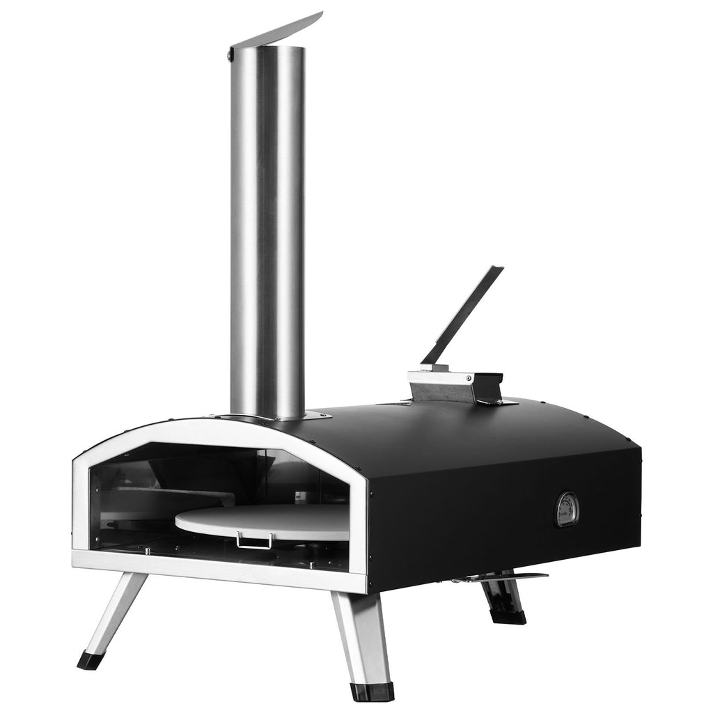 Portable Outdoor Oven, 12-inch Pizza Oven, Pellet & Chips & Charcoal Tri-Fuel, Iron Spray Pizza Grill, Includes 210° Rotatable Pizza Stone, Scoop, Ideal for Camping & Backyard, Black