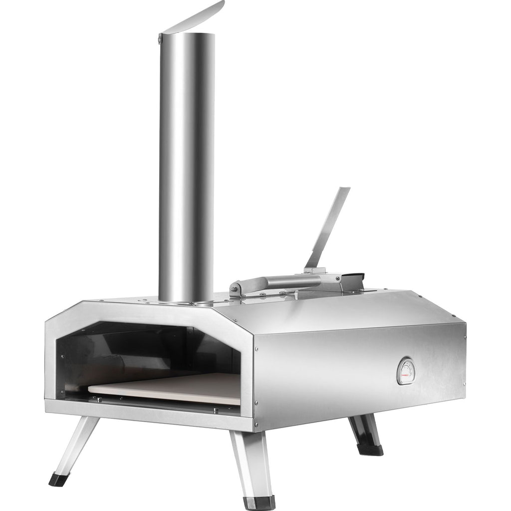 Portable Outdoor Oven, 12-inch Pizza Oven, Pellet & Chips & Charcoal Tri-Fuel, Stainless Steel Pizza Grill, Includes Pizza Stone, Waterproof Cover, Shovel, Ideal for Camping & Backyard, Silver