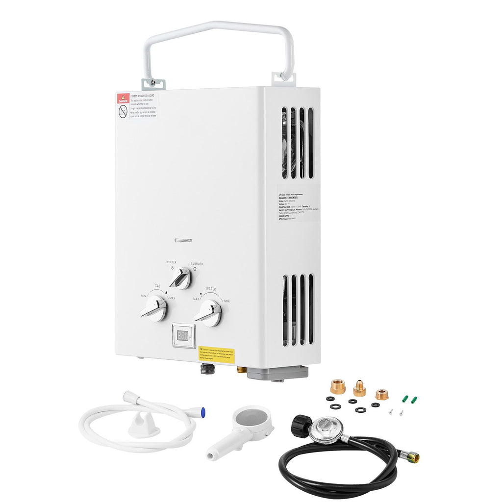 Portable Propane Water Heater, 5L Tankless Outdoor Water Heater, 34000 BTU 1.32 GPM Instant Hot Water, with Accessory Set + Regulator for RV Camping Trips Cabins Barns