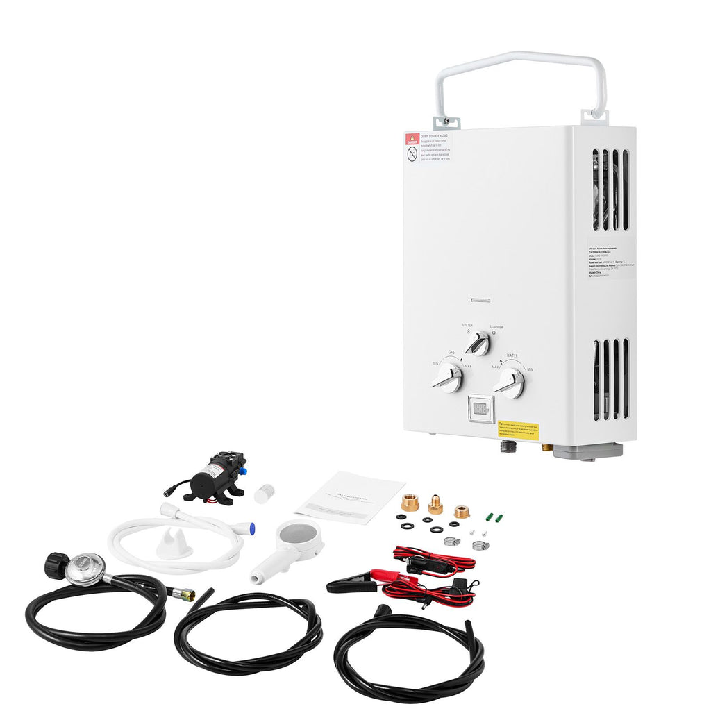 Portable Propane Water Heater, 5L Tankless Outdoor Water Heater, 34000 BTU 1.32 GPM Instant Hot Water, with Accessory Set + Regulator +Water Pump for RV Camping Trips Cabins Barns