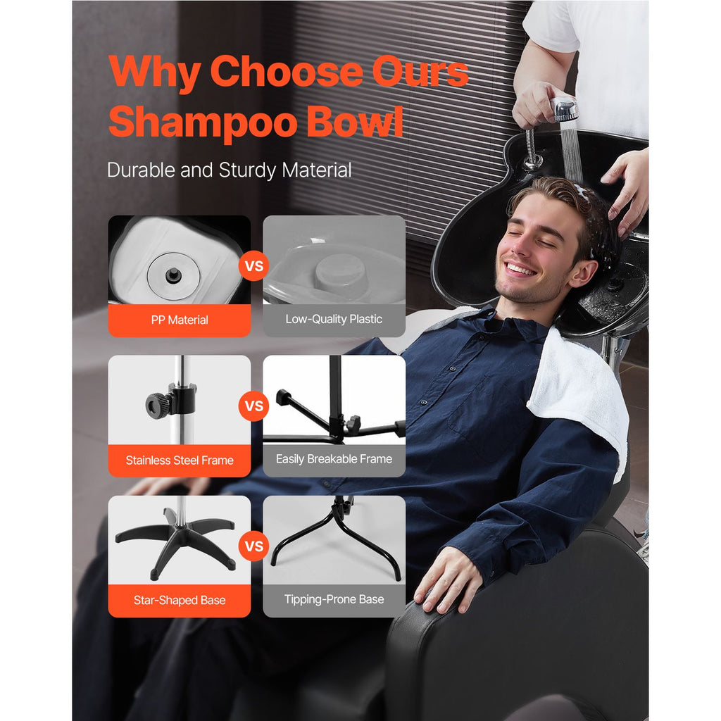 Portable Shampoo Bowl, Deep Shampoo Sink with Adjustable Height & Angle, Includes Drain Hose, Shower Head, Lightweight Hair Wash Basin for Barber Salon Spa Center & Home Use, Black